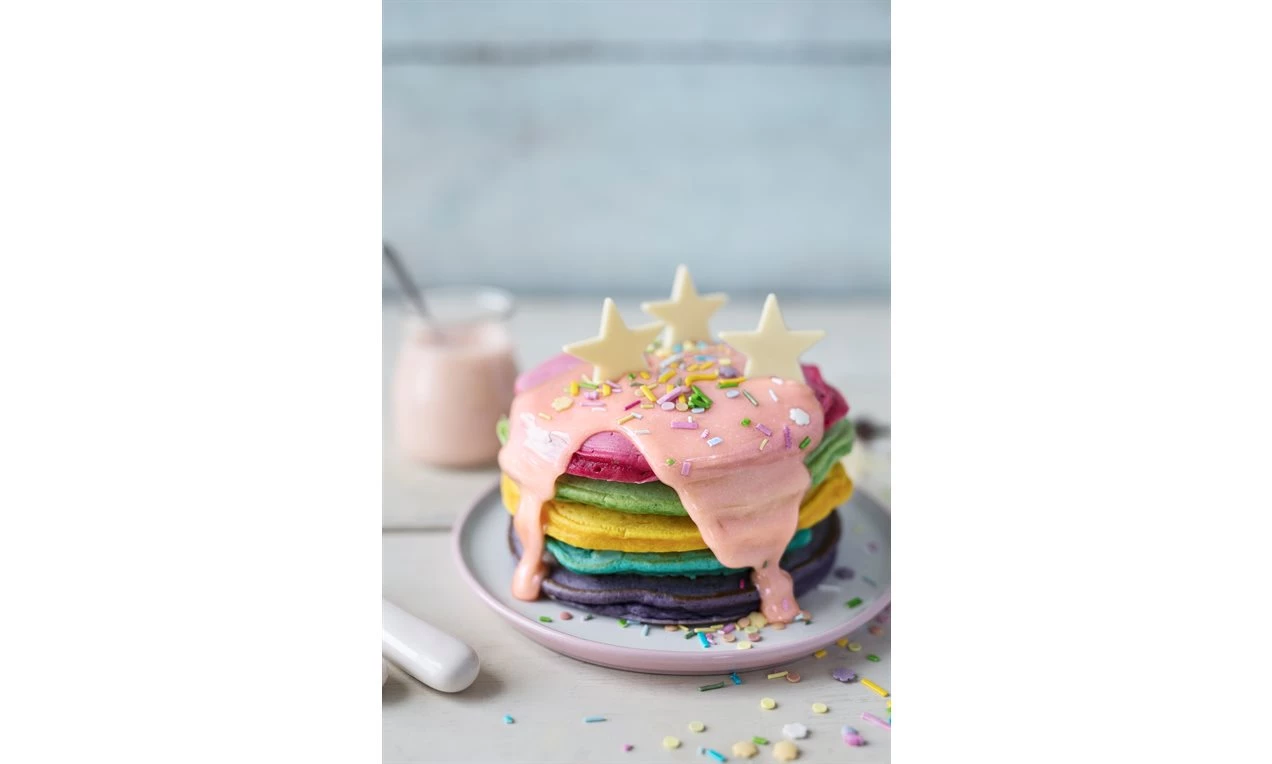 Rainbow Pancakes with Marshmallow Sauce